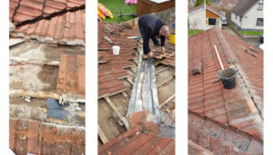 Man working on roof repairs on tiled roof